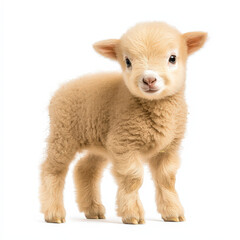 Obraz premium cute baby lamb with fluffy wool stands on white background, showcasing its playful nature and innocence. This adorable animal captures essence of spring and farm life