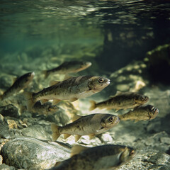 A School of Fish Swimming in a Pristine Clear Water Stream