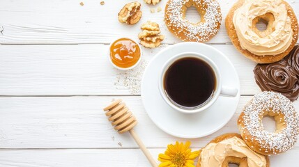 Elegant brunch scene with coffee and pastries on wooden table