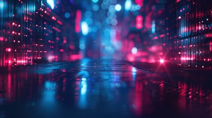 Neon Lights Reflecting on Wet City Street