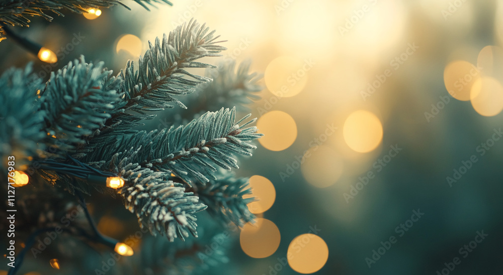 Poster close-up of frosted pine branches adorned with glowing lights in an enchanting winter setting during