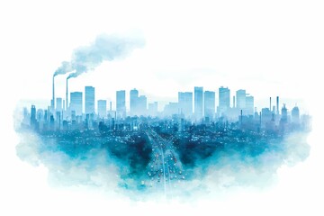 Fototapeta premium Urban Landscape with Smoky Skyscrapers and Busy Highway Traffic