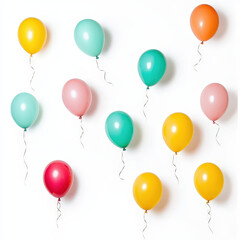 Colorful balloons in various shades float against white background, creating festive and cheerful atmosphere. Perfect for celebrations and parties