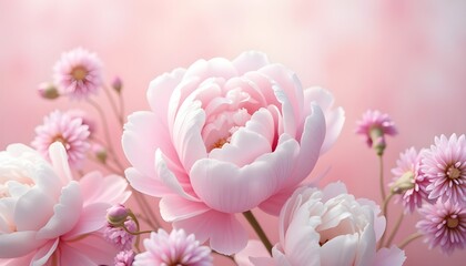Obraz premium A beautiful and soft pastel pink floral background, featuring large, delicate peony blooms and smaller blossoms. The flowers are varying shades of soft pink, white, and pale lavender, blending seamles