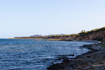 Tyrrhenian Sea Coast with pine forest near Siniscola in Sardinia, Italy. Sardinian landscape.