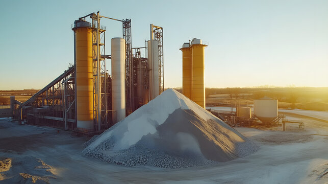 Asphalt plant at sunset with large pile of aggregate.