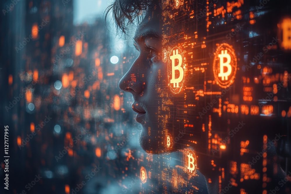 Poster cryptocurrency innovation visual featuring a man and glowing bitcoin tokens on a minimalist, bright 