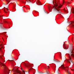 Fototapeta premium Red rose petals arranged in heart shape on white background create romantic and elegant atmosphere, perfect for special occasions or celebrations
