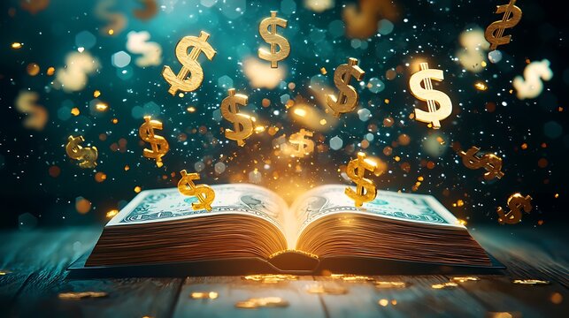 Open book with glowing dollar signs and money.