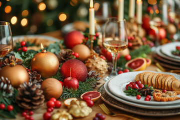 A table is set with a Christmas dinner, featuring a variety of foods
