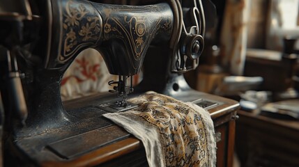 An aged sewing machine sits in close-up, stitching a piece of cloth. Its antiquated design evokes nostalgia and a sense of timeless craftsmanship. 