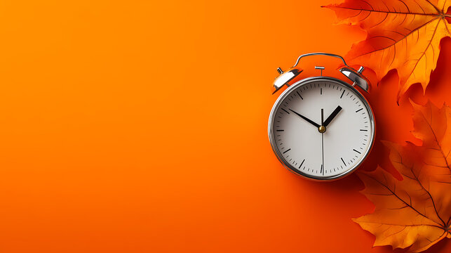White clock on orange background with autumn leaf. summer time end and fall season coming. clock turn backward to winter time. autumn equinox. daylight saving time ends image. Equinox. Illustration