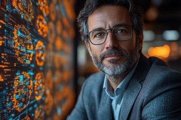 Cryptocurrency innovation with a professional man and dynamic Bitcoin tokens glowing in the background.