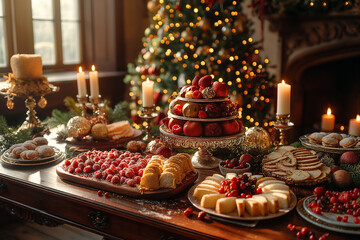 Fototapeta premium A table is covered with a variety of food and desserts, including a large cake