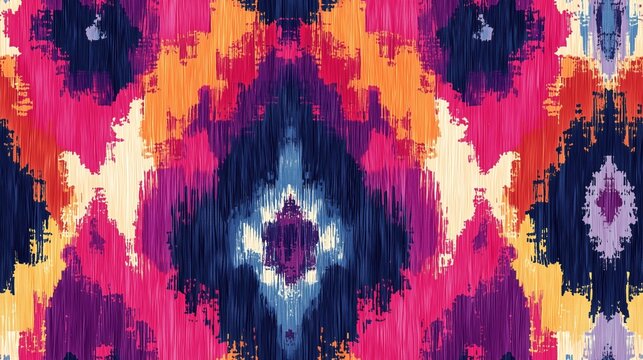 Seamless Ikat fabric texture in radiant colors, perfect for pillowcases, bed sheets, and elegant textile products