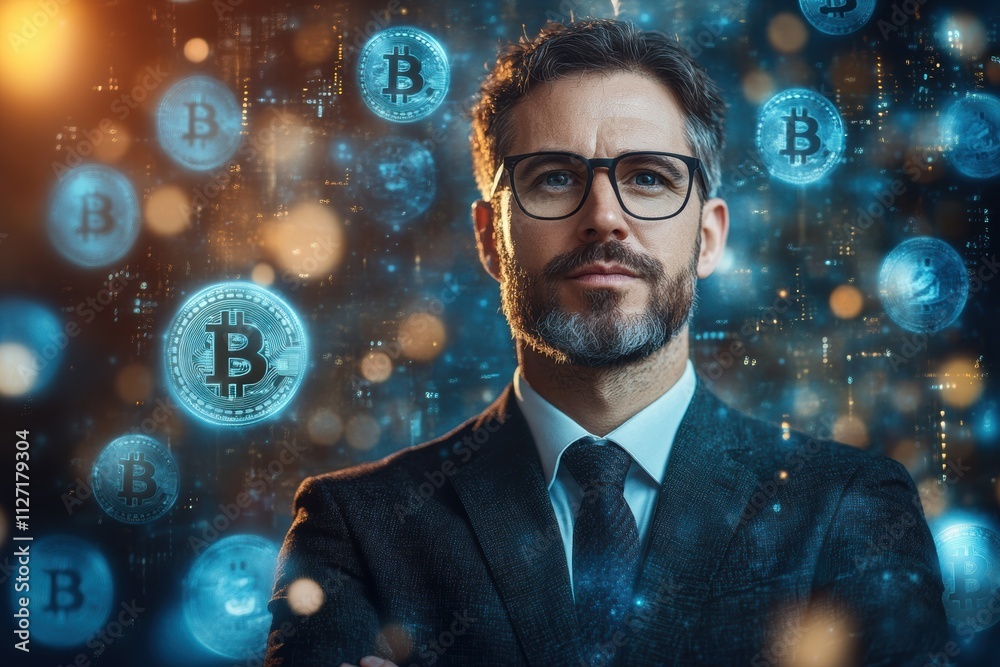 Poster Cryptocurrency innovation with a professional man and dynamic Bitcoin tokens glowing in the background.