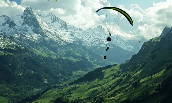 Paragliding Over Snow-Capped Alps and Lush Green Valleys