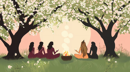 Witches' spring equinox renewal ritual in nature. spring equinox meditation by women in nature's blossom. sorcerer. illustration. Equinox. Illustration