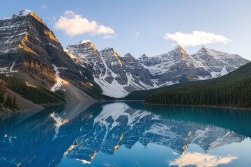 A breathtaking landscape of a pristine turquoise lake surrounded by towering snow-capped mountains