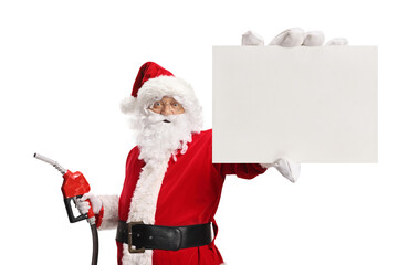 Santa Claus holding a fuel injection gun and a blank card