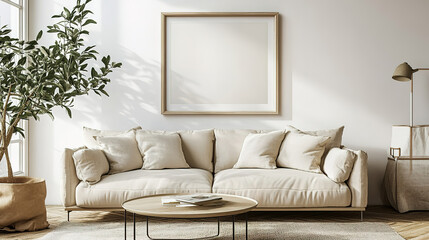 Minimalist Modern Living Room with Beige Sofa and Wall Frame