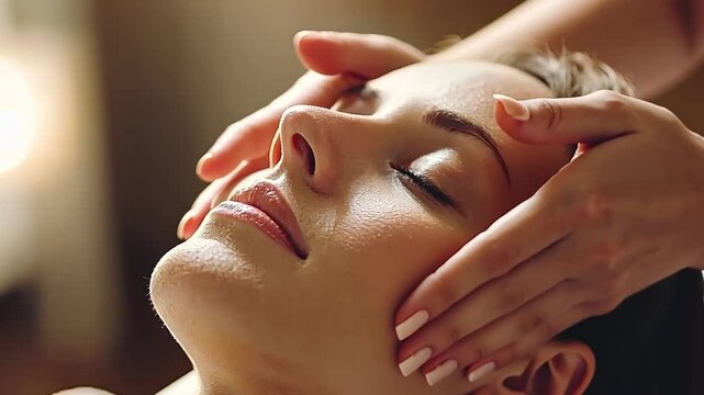 Close-up of a woman receiving a relaxing facial massage.  Soft lighting enhances the serene atmosphere.