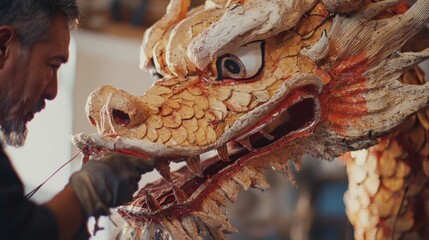 Artisan Craftsman Detailing Intricate Dragon Sculpture Asian Culture Traditional Art