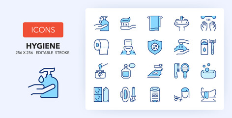Line icons about personal hygiene and care. Contains such icons as prophylactics, depilatory wax, haircut and more. 256x256 Pixel Perfect editable in two colors