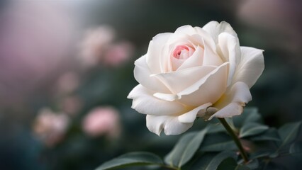 A white rose in full bloom on a blurred, dreamy background that accentuates its delicate beauty. The petals are soft and velvety, with a slight pink tinge.