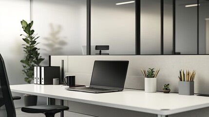 Obraz premium An organized office desk is shown, with a laptop, mug, plant, and office supplies placed on a white desk in a glass partitioned office. 