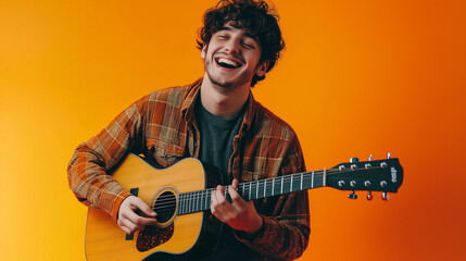 A joyful musician plays the guitar with enthusiasm and energy, set against a striking orange backdrop, evoking feelings of happiness and creativity.