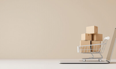 Miniature shopping cart filled with small packages placed on a laptop, symbolizing online shopping and e-commerce