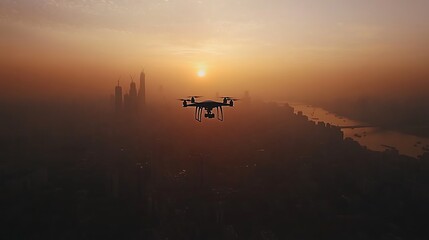Drone Silhouette at Sunset Over Cityscape