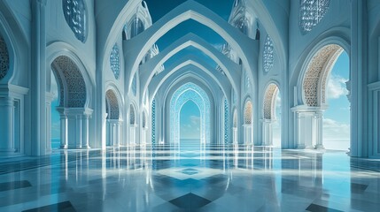 Fototapeta premium A stunning architectural interior with intricate arches, reflecting surfaces, and a serene blue ambiance, creating a tranquil and majestic atmosphere.