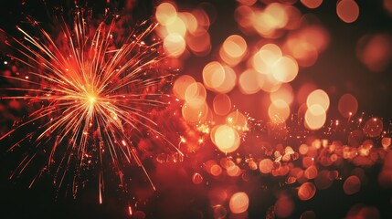 Fototapeta premium Festive Red Fireworks Bokeh Lights New Year Celebration Party Background