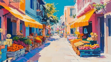 Fototapeta premium A vibrant street scene featuring colorful shops adorned with fruits, flowers, and awnings under a bright blue sky, creating a lively and inviting atmosphere.