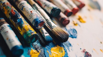 Obraz premium Assorted art supplies, including tubes of vibrant paints and various paintbrushes, are presented against a plain white background. 