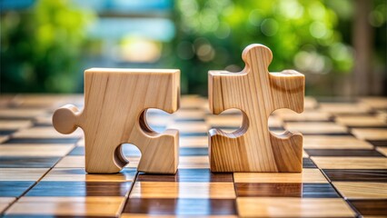 two wooden puzzle pieces on chessboard, teamwork unity partnership cooperation