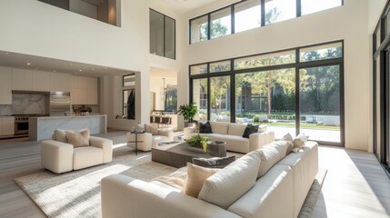Modern bright living room with large windows, showcasing sunlight, open floor plan, and stylish furniture.