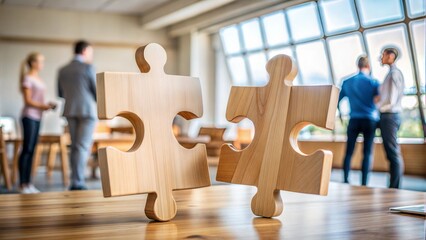 Obraz premium two wooden puzzle pieces on table blurred silhouettes business people background, creativity innovation making decision solving problem