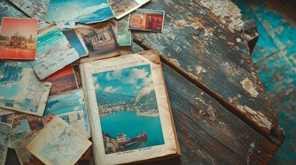 Colorful Travel Guide and Vintage Postcards on Weathered Table