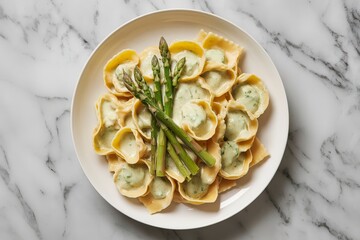 a plate of cappelletti pasta drenched in a creamy asparagus sauce
