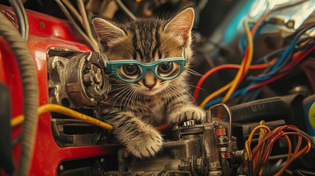 Adorable Tabby Kitten Wearing Mini Glasses in Colorful Background