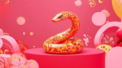Fototapeta premium Celebrate Chinese New Year 2025, the Year of the Snake, with a vibrant product display. On a striking pink backdrop, showcase your products on a podium