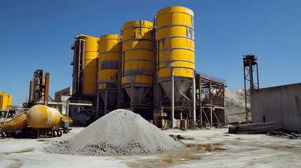 Obraz premium Industrial facility with large yellow silos and a pile of gray aggregate.
