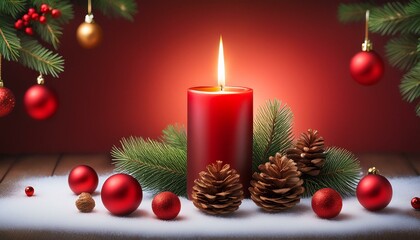 Decorative red candle surrounded by pinecones and ornaments for a festive holiday celebration during the winter season
