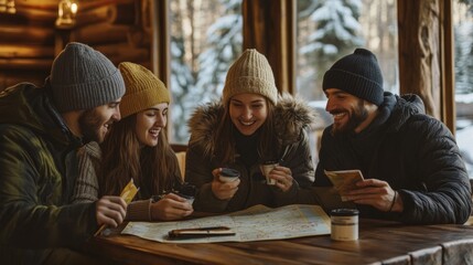 Friends Gathering Around a Map for Adventure Planning in Nature