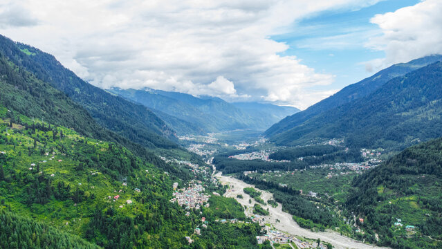 Aerial view of mountains and valleys of manali and beas river near Jogini waterfall in Himachal Pradesh India.
