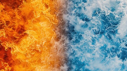 Obraz premium The abstract battle of ice and fire, a clash of burning flame vs frozen water waves in a powerful vs delicate balance with a nature-inspired motion and a blue vs red color scheme.