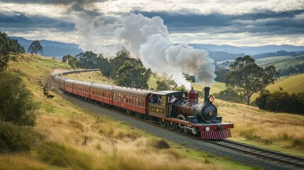 Scenic Train Journey Through Rolling Hills and Green Landscapes